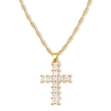 Imagem de BYETOCE Colar com pingente de cruz delicada para mulheres, pingente de cruz de ouro de zircônia cúbica simples joia crucifixo para mulheres, aniversário, dia dos namorados, Natal, presentes, Latão