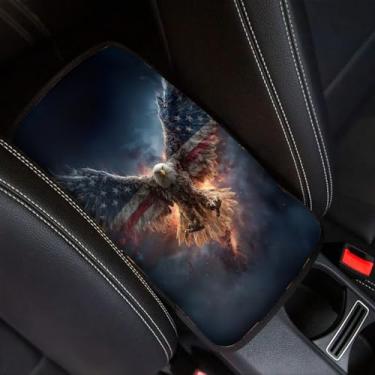 Imagem de Finagallathe Capa de apoio de braço com estampa Fire Eagle para carro bandeira americana console central de carro almofada de apoio de braço universal para a maioria dos carros