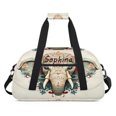 Imagem de Bolsa esportiva personalizada, animal, elefante, paisley, étnico, com nome, bolsa de dormir personalizada, bolsa de fim de semana, bolsa de treino para dança, balé, academia, ginástica, mala, viagem