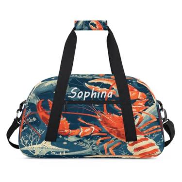 Imagem de Bolsa esportiva personalizada animal lagosta oceano retrô com nome bolsa noturna para dormir bolsa de fim de semana bolsa de treino para dança, balé, academia, ginástica, mala de viagem, presente