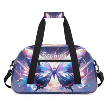 Imagem de Bolsa esportiva personalizada com borboleta de animal brilhante com nome, bolsa de dormir personalizada, bolsa de fim de semana, bolsa de treino para dança, balé, academia, ginástica, mala, viagem