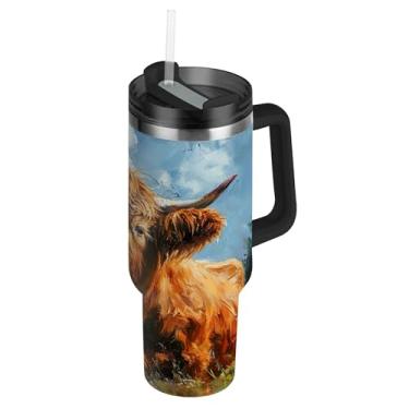 Imagem de SEHANY Copo Highland Cow de 850 g com tampa e canudo, aço inoxidável de vácuo duplo isolado garrafa de água esportiva suporte para copo de café de viagem à prova de vazamento para bebida gelada
