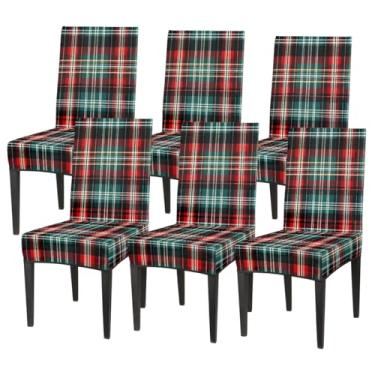 Imagem de hongjinglin Conjunto de 6 capas elásticas para cadeira de sala de jantar, capa protetora de assento de cadeira, estampa xadrez, retrô, removível, lavável, para cozinha, casa, hotel, banquete, festa de