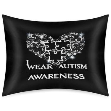 Imagem de Fronha de almofada de cetim de seda tamanho padrão para cabelo e pele, macia, antiderrapante, refrescante, preto, autismo, coração, com fecho de envelope para dormir, mulheres, homens, crianças, 50 x