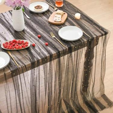 Imagem de Horaldaily Toalha de mesa de gaze preta pérola dourada 152 × 264 cm, retangular, primavera verão, tule renda, toalha de mesa de chá de panela, para decoração de mesa de aniversário de casamento