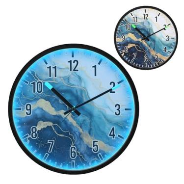 Imagem de Relógio de parede LED que brilha no escuro e ativado por voz, silencioso, design de mármore azul dourado de 30,5 cm, operado por bateria para decoração de quarto e sala de estar (212)