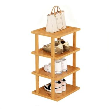 Imagem de SPXMQSS Sapateira de bambu, sapateira vertical para pequenos espaços, sapateira de pé livre para armário, entrada, canto, garagem e quarto, empilhável gratuitamente, 4 níveis 25 x 23 x 58 cm