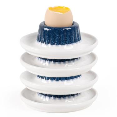 Imagem de INGOFIN Conjunto de 4 peças de copos de ovos de cerâmica, porta-ovos cozidos macios, empilháveis de porcelana clássica, bandeja fácil de limpar, prato de servir decorativo para café da manhã, Páscoa