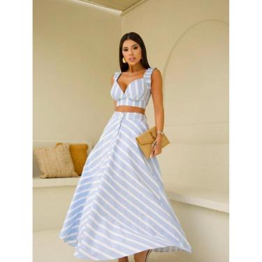 Imagem de CONJUNTO FEMININO SAIA LONGA LISTRADA PLISSADA E CROPPED LAÇO ALFAIATARIA DE LINHO-Feminino