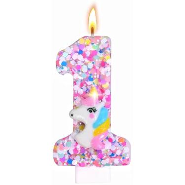 Imagem de Decoração de velas de aniversário com número de unicórnio, suprimentos de festa de aniversário com tema de unicórnio, topo de bolo de aniversário de lantejoulas com glitter para meninos e meninas