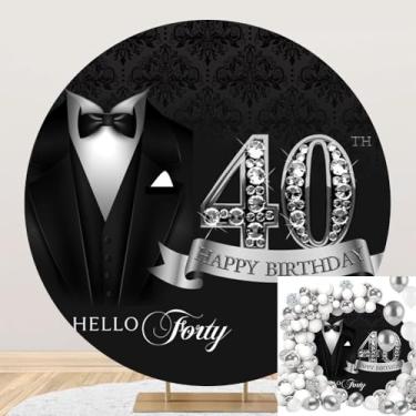 Imagem de 2 x 2 m Capa de fundo redondo feliz 40º aniversário terno smoking preto círculo fotografia fundo para cavalheiros, diamante brilhante, prata, decoração de festa de 40 anos, decoração Hello Forty Cake