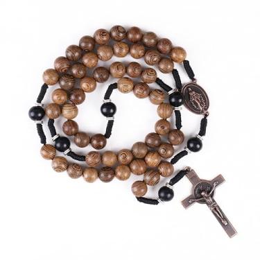 Imagem de Nazareth Store Rosário católico feito à mão de madeira maciça oliva e vermelho escuro com medalha de cobre antigo e presente de guerreiro espiritual crucifixo para homens, 20.6", Madeira, Sem Pedra