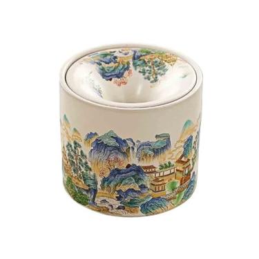 Imagem de Cinzeiro Cinzeiro em formato de funil cerâmica com padrão retrô montanha, para uso doméstico, sala estar, escritório ou mesa redonda, tampa