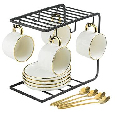 Imagem de Xícara de chá de porcelana vintage britânica, xícaras de café de cerâmica, conjunto de chá criativo com xícara de café com suporte de exibição xícaras de cappuccino latte mocha, xícara de chá para