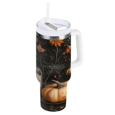 Imagem de STAYTOP Copo de abóbora e vinho de 850.5 g Halloween com tampa e canudo, copo isolado de aço inoxidável durável à prova de vazamento com alça, garrafas de água à prova de derramamento para viagens