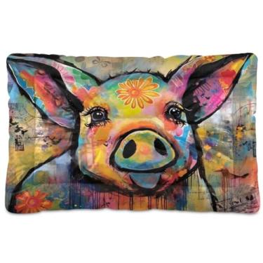 Imagem de Wassud Cama de cachorro com pintura de porco fofa, camas grandes para cães ao ar livre, tapete lavável para animais de estimação, cama de gato para dormir, viagens, 91 x 61 cm