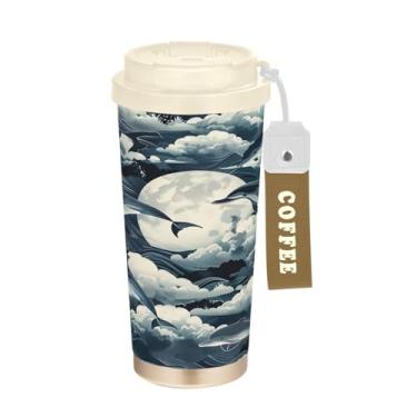 Imagem de YETTASBIN Caneca de café Dolphin com isolamento térmico de 482 g com tampa canudo, copo à prova de derramamento e vazamento com alça para bebida quente e fria, garrafa de água de aço inoxidável