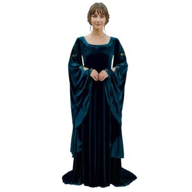 Imagem de daizbella Vestido renascentista feminino retrô de veludo vintage fantasia medieval vestido celta histórico com mangas largas, Azul, P