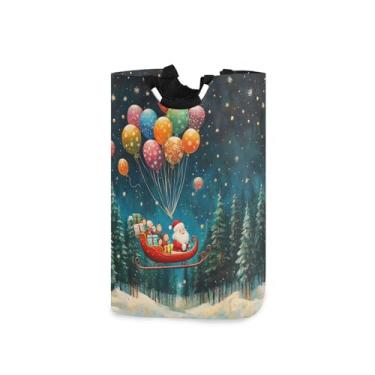 Imagem de xigua Cesto de lavanderia grande com alça de Papai Noel voando em seu trenó, cesto de roupas dobrável para organização de brinquedos e roupas no quarto, banheiro e lavanderia