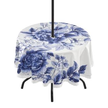 Imagem de CEBUGI Toalha de mesa redonda para uso ao ar livre, azul, branca, floral, impermeável, com furo Umberlla, capa de mesa lavável para pátio, cozinha, sala de jantar, 152 cm