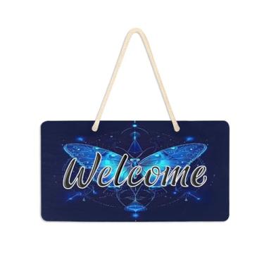 Imagem de Burbuja Placa de boas-vindas borboleta azul escura para porta da frente, placa de boas-vindas de PVC para decoração de férias de casa de fazenda, 15 x 28 cm
