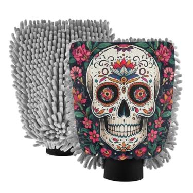 Imagem de STAYTOP Luvas coloridas de caveira de açúcar para lavagem de carro, 2 peças, luvas de microfibra de chenille, sem arranhões, panos de esponja de lavagem ultra absorventes para carros, limpeza