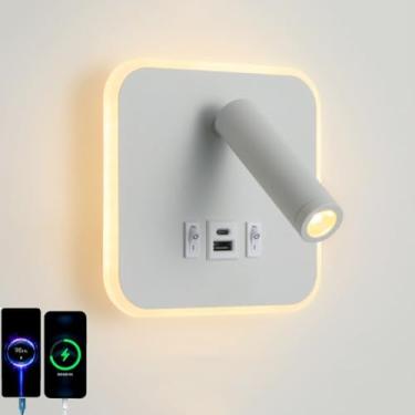 Imagem de Luminária de parede LED para leitura com interruptor e carregamento duplo USB tipo C. Luminária de parede/abajur de cabeceira 3W 3000K + 10W 4000K para iluminação interna, com rotação de 360