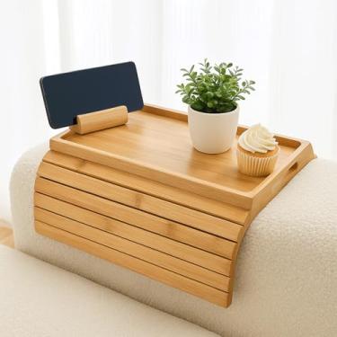 Imagem de Bandeja dobrável de bambu para sofá com suporte removível para copo de sofá – mesa de apoio de braço de sofá para controle remoto, lanches, telefone – Bandeja de apoio de braço portátil para sofá