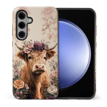Imagem de CARLOCA Compatível com Samsung Galaxy S24 FE Capa fosca de corpo inteiro para meninas e meninos capa dura à prova de choque para Samsung Galaxy S24 FE estampa de flores folhas coroa highland vaca fofa