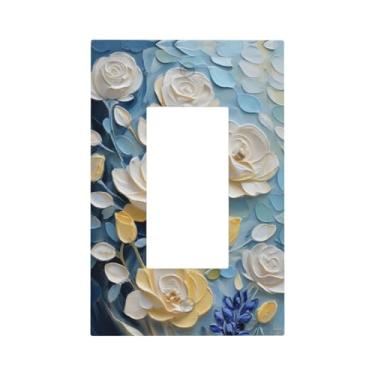 Imagem de Capa de interruptor de luz estilo de arte decorativa, padrão de flor azul e branca, placa decorativa de tomada basculante de 1 gangue, compatível com GFCI, capa protetora de interruptor elétrico para