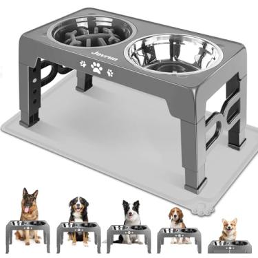 Imagem de Jovrun Tigelas elevadas para cães, alimentador para cães com pratos de aço inoxidável e tigela de alimentação lenta, suporte elevado ajustável de 5 alturas para médio e grande, pratos de comida com