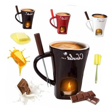 Imagem de SNCIDSGE Uma caneca de fondue de chocolate atualizada com garfo e vela, pode derreter chocolate, manteiga e queijo, casamentos e outras ocasiões. (marrom)
