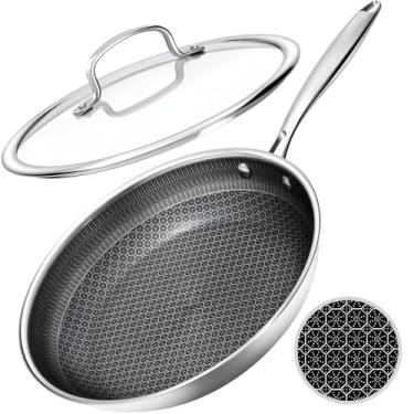 Imagem de USELUCK Frigideiras antiaderentes com tampa, frigideira de aço inoxidável com superfície de favo de mel, lavável na máquina de lavar louça, segura para forno, compatível com indução, sem PFAS, não