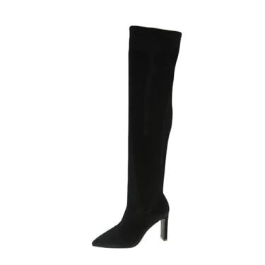Imagem de Botas femininas acima do joelho com bico fino e material elástico de salto alto para moda, Preto, 34