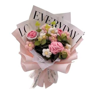 Imagem de FLCPJGV Buquê de Flores de Crochê, Buquê Tricotado, Centros de Mesa, Flores Artificiais, Arranjos Florais para O Dia Mães E Noivado, ROSA, Tamanho real