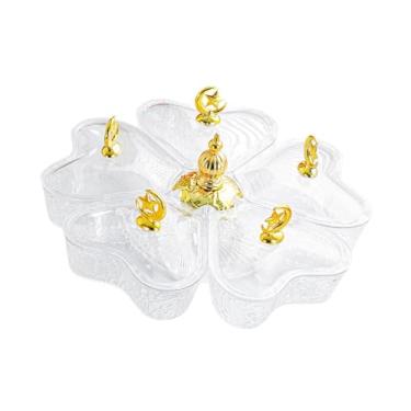 Imagem de Ioensy Bandeja giratória dividida com 5 compartimentos para servir frutas secas, aperitivos e doces com tampa, ideal para balas, nozes, frutas e chá, Lua Estrelada Clara