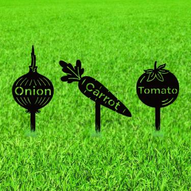 Imagem de WADORN 3 peças de estacas de jardim decorativas de metal para festa de vegetais, cebola, cenoura, tomate, sinais, ferrugem, estacas resistentes ao clima, ornamentos de silhueta para jardim, jardim