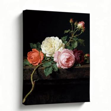 Imagem de Arte de parede em tela floral vintage, buquê de rosas na borda com fundo escuro, impressão de pintura a óleo de antigos mestres, decoração de casa de campo, tela esticada para sala de estar, quarto