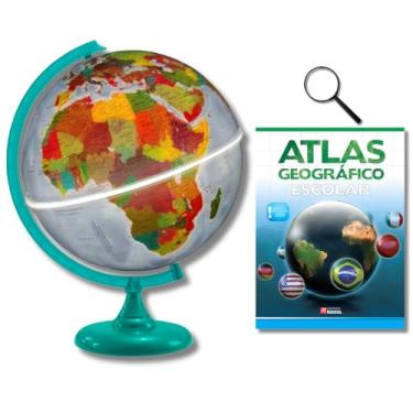Imagem de GLOBO TERRESTRE FÍSICO POLÍTICO LUMINOSO BASE VERDE 30CM + ATLAS GEOGRÁFICO + LUPA