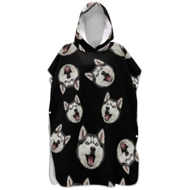 Imagem de Joisal Roupão de mudança para adultos, poncho de surfe, com capuz, toalha de banho, ponchos femininos fofos absorventes com capuz, cachorro husky engraçado, preto