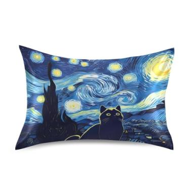 Imagem de Travesseiros de cetim azul noite estrelada gato preto engraçado decorativo refrescante king queen capa de travesseiro cama tamanho king size 101,6 cm x 50,8 cm