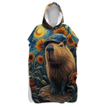 Imagem de TSENQUE Poncho de surfe para adultos trocador de roupa de praia com capuz toalha floral plus size pintura linda capivara colorida masculina poncho com capuz