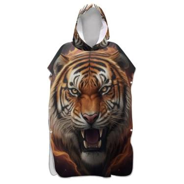 Imagem de Poncho de surfe plus size trocador de roupão para adultos toalha de banho com capuz bonito tigre legal vívido animal fogo unissex adulto poncho com capuz
