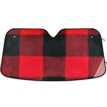 Imagem de Guarda-sol xadrez vermelho e preto para para-brisa de carro bonito personalizado retrátil automotivo para-brisas guarda-sol animal floral S, 134,6 cm x 59,7 cm