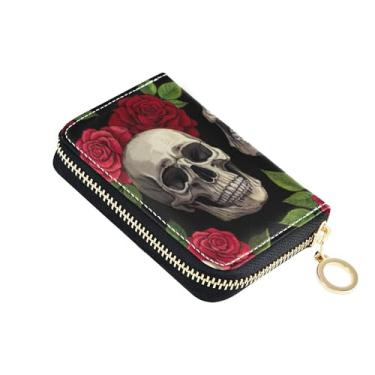 Imagem de Skulls Red Vintage Roses Black Carteiras para mulheres, pequeno porta-cartão de crédito com bloqueio de RFID, carteira decorativa para dinheiro de viagem com bolso para moedas