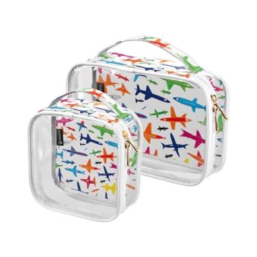 Imagem de GAIGEO Conjunto de 2 sacos de maquiagem transparentes de mosaico colorido e estilizado, bolsa de cosméticos transparente para viagem, bolsa de higiene pessoal para carro, Aviões coloridos em um branco