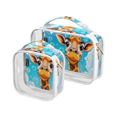 Imagem de GAIGEO Conjunto de 2 sacos de higiene pessoal transparentes coloridos para maquiagem de plástico com zíper para viagem, Girafa de desenho animado com bolhas, one size