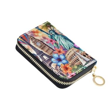 Imagem de GAIGEO Porta-cartão de crédito com bloqueio de RFID, carteiras femininas de couro, pequeno zíper, porta-cartões e dinheiro, arte colorida para viagem
