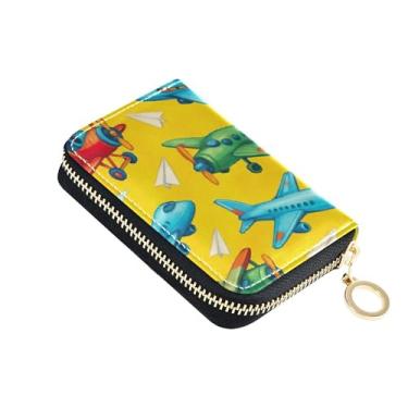 Imagem de Carteira feminina à prova d'água de couro, protetor de cartão de crédito, bloqueio de RFID, aviões, carteira amarela com zíper e bolso para moedas