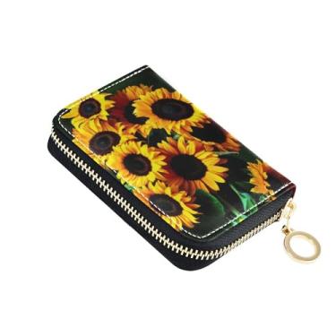 Imagem de Carteira feminina de flores amarelas com girassóis dourados com zíper e bloqueio de RFID, porta-cartões de crédito, bolsa engraçada com zíper e chaveiro
